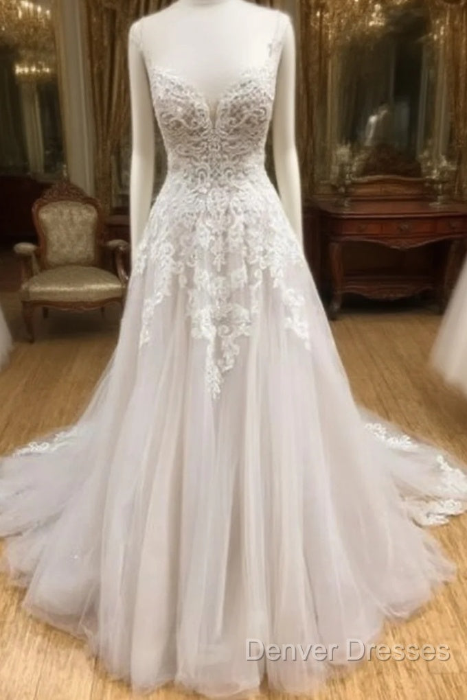 Wh V Neck Tulle Long Prom Dress, Lace Evening Dress, White Lace Wedding Dress Main image