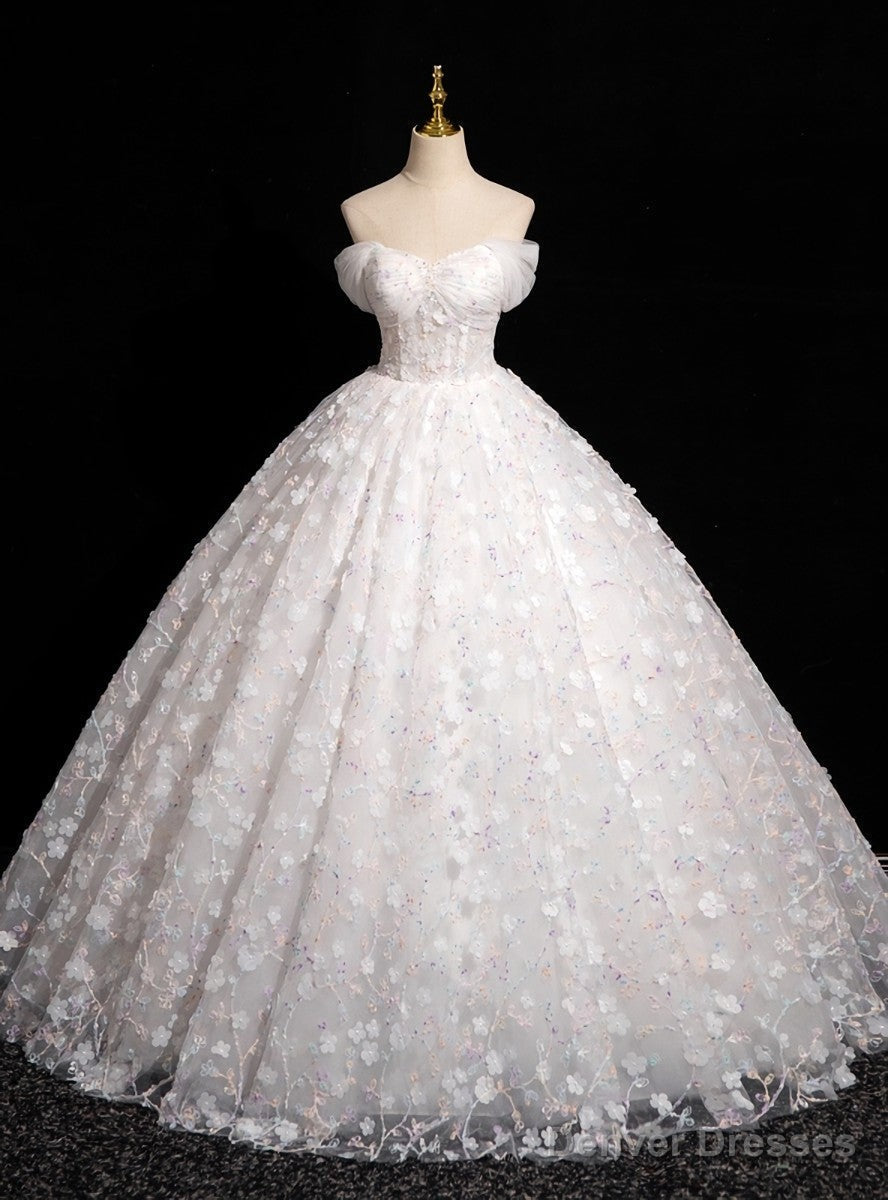 White 3D Flower Tulle Off the Shoulder Quinceanera Dress Main image