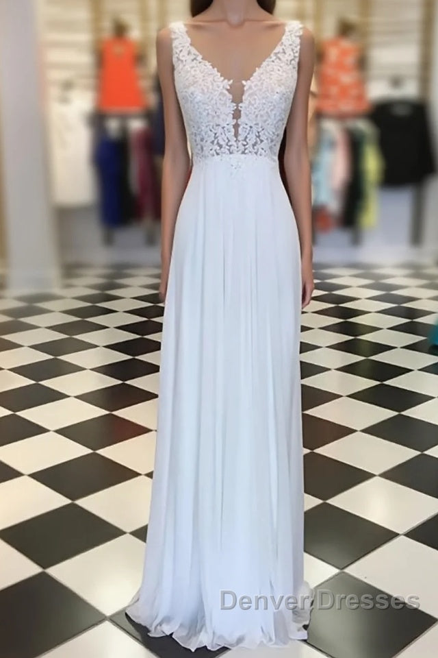 White A-line chiffon lace long prom Dress, white bridesmaid Dress Main image