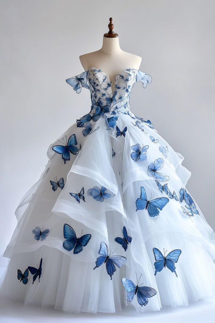 White A-Line Fairytale Tulle  Long Prom Dress With 3D Butterfly Off-The-Shoulder Evening Gown For Birthday&Quinceanera