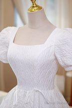 White A-Line Homecoming Dress, Cute Short Sleeve Evening Dress