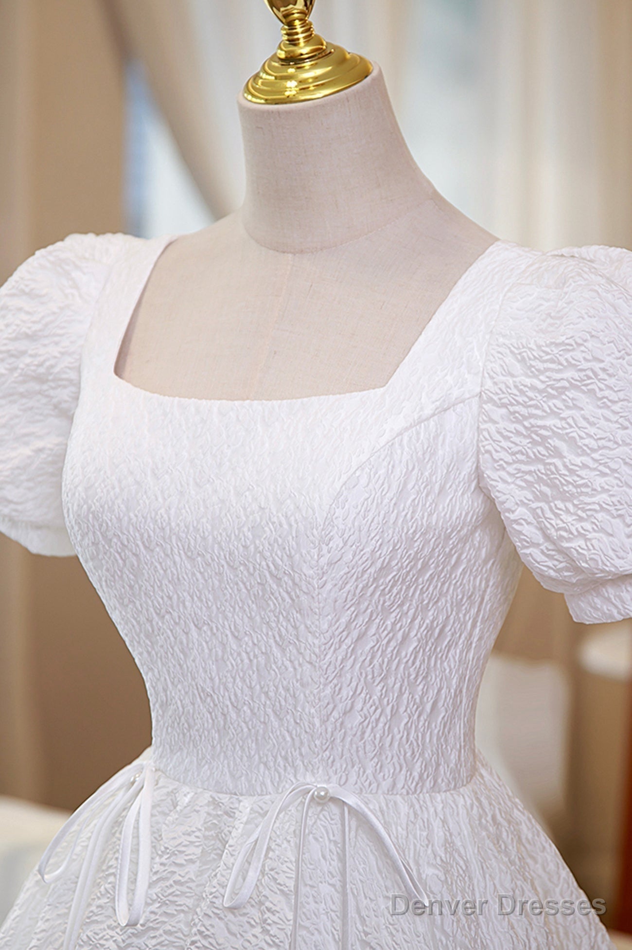 White A-Line Homecoming Dress, Cute Short Sleeve Evening Dress