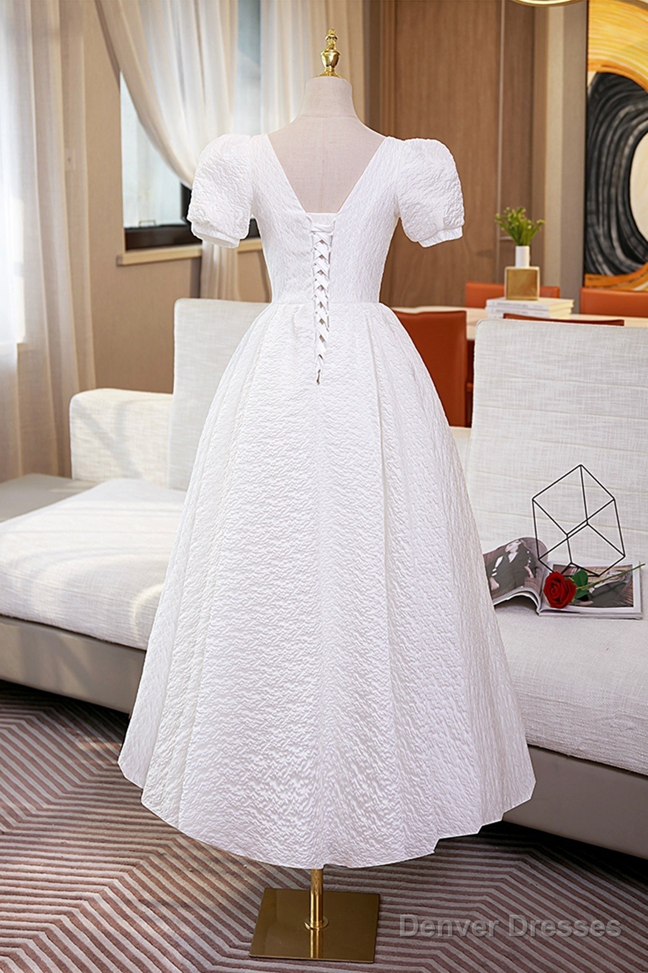 White A-Line Homecoming Dress, Cute Short Sleeve Evening Dress Secondary image