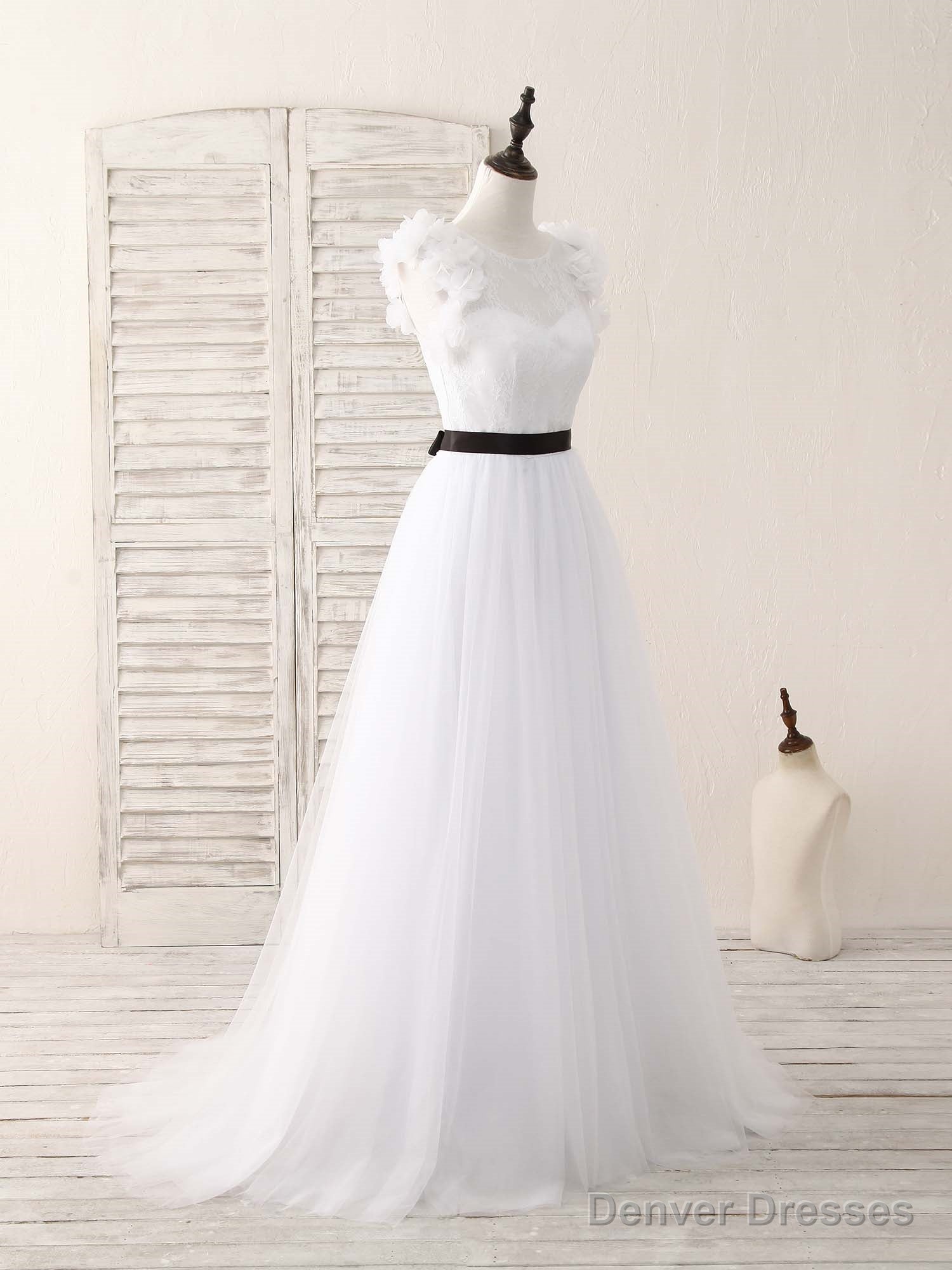 White A-Line Lace Tulle Long Prom Dress, White Evening Dress Main image