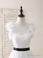 White A-Line Lace Tulle Long Prom Dress, White Evening Dress