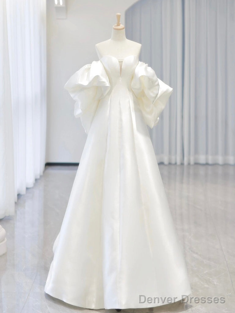 White A-Line Satin Long Prom Dress, White Satin Long Formal Dress Main image