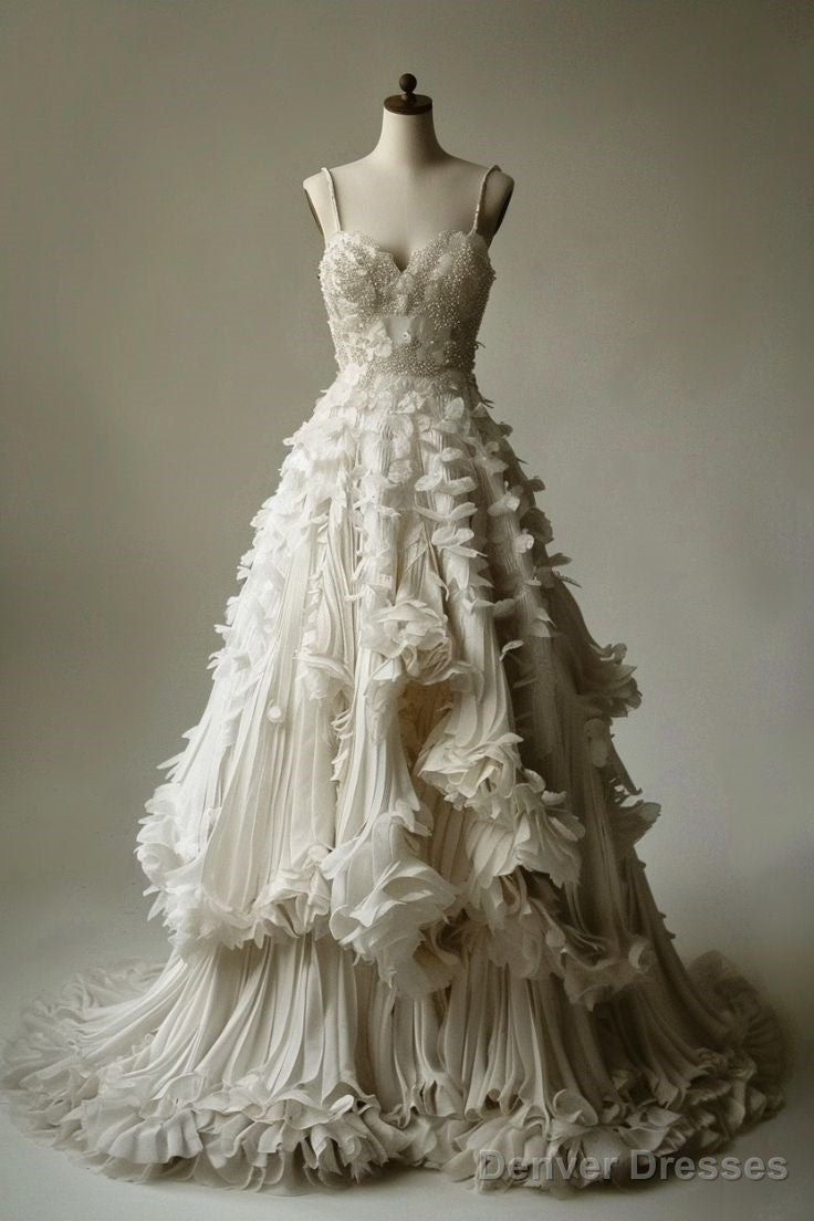 White A-Line Spaghetti Strap Beaded Tulle Long Prom Dress Simple Applique Wedding Dress Main image
