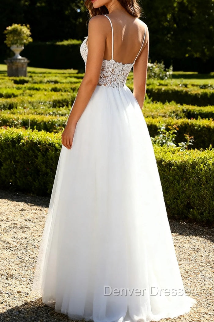 White A Line Spaghetti Straps Engagement Dress With Lace