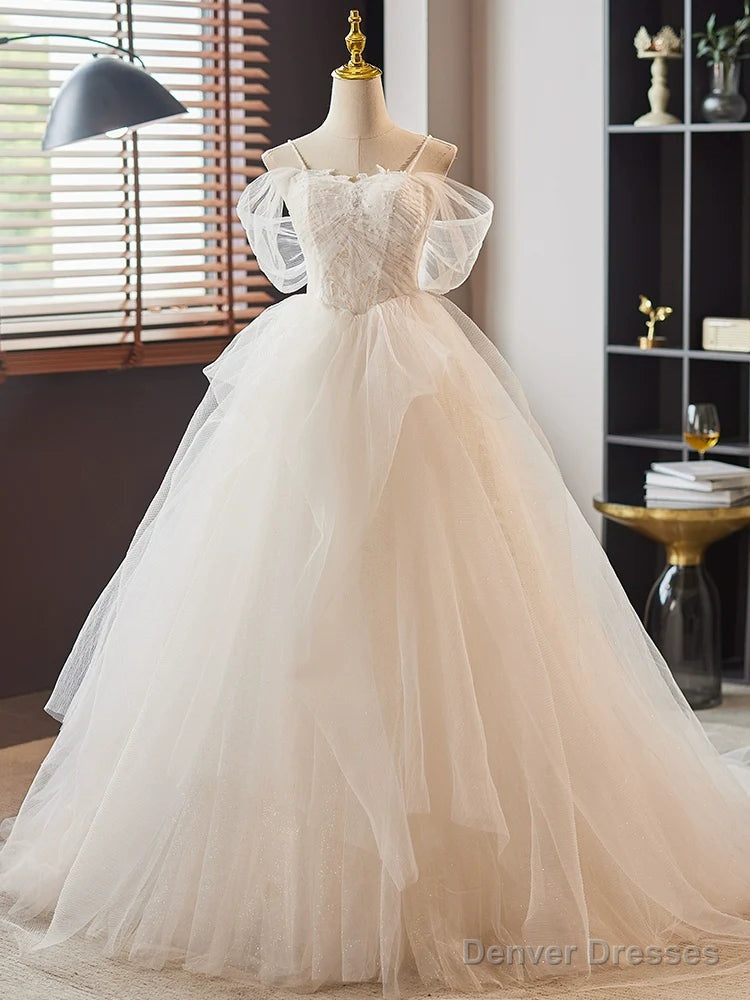 White A-Line Sweetheart Neck Lace Tulle Long Prom Dress, White Long Formal Dress Main image