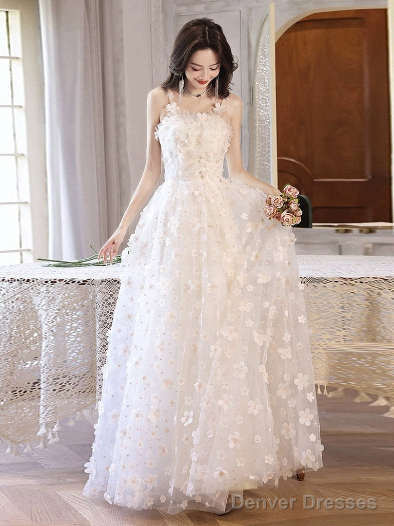 White A-Line Tulle Flower Long Prom Dress, White Formal Evening Dress Secondary image