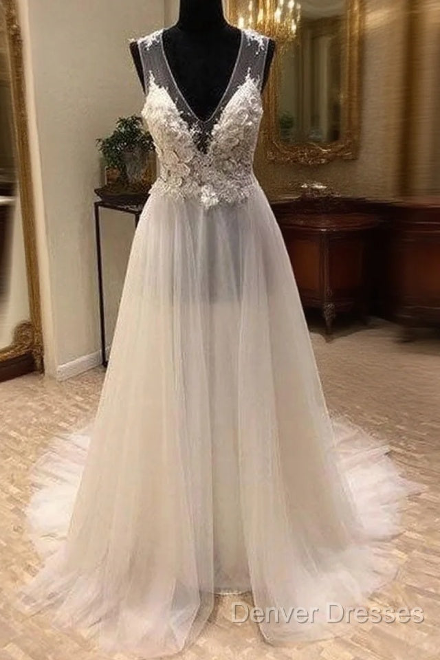 White A-Line Tulle Lace Long Prom Dress, White Wedding Dress