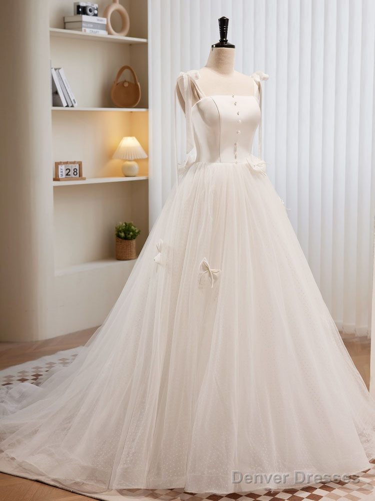 White A-line Tulle Long Prom Dress, White Tulle Formal Dress Main image