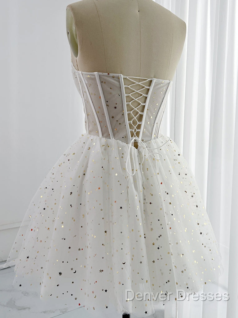 White A-Line Tulle Star Short Prom Dress, White Cute Homecoming Dress Secondary image