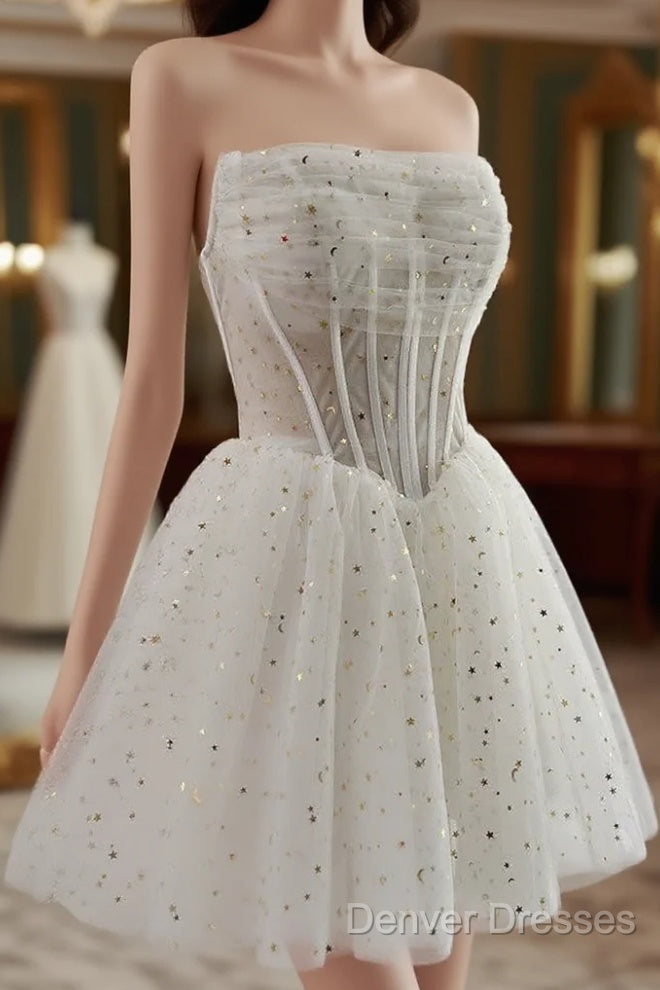 White A-Line Tulle Star Short Prom Dress, White Cute Homecoming Dress Main image