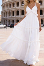 White A-line V Neck Sleeveless Floor-Length Chiffon Prom Dress Long Prom Dresses Backless with Pleated Ruffles