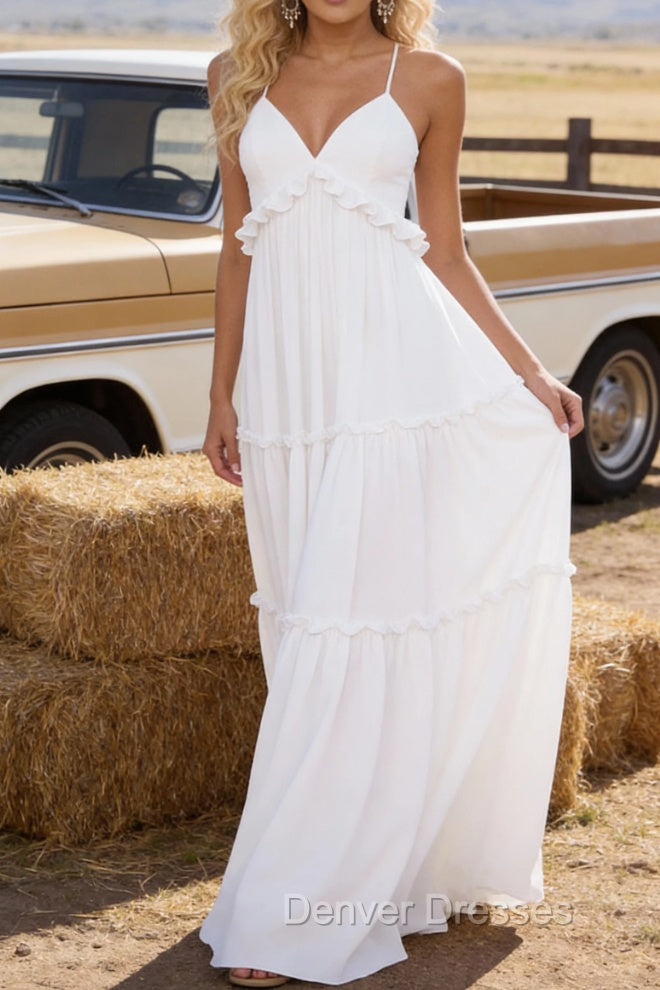 White A-line V Neck Sleeveless Floor-Length Chiffon Prom Dress Long Prom Dresses Backless with Pleated Ruffles Main image