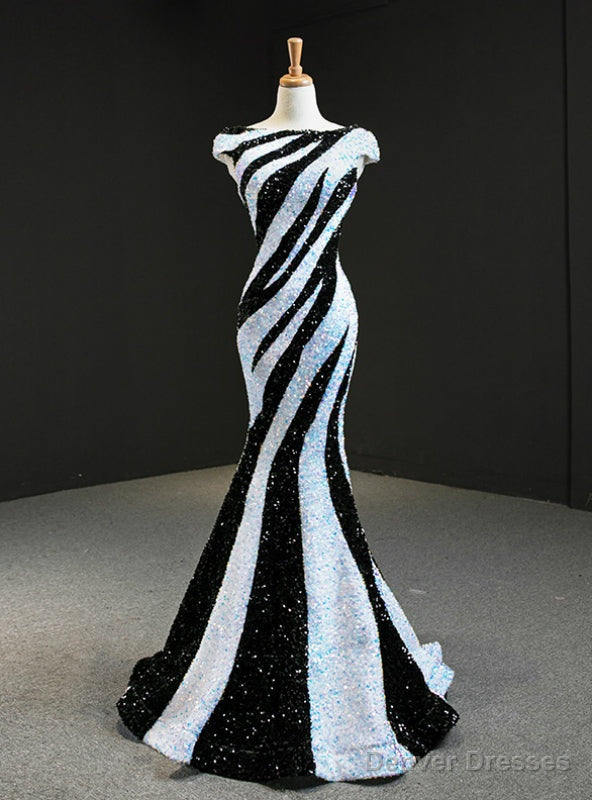White And Black Mermaid Sequins Cap Sleeve Prom Dress Main image