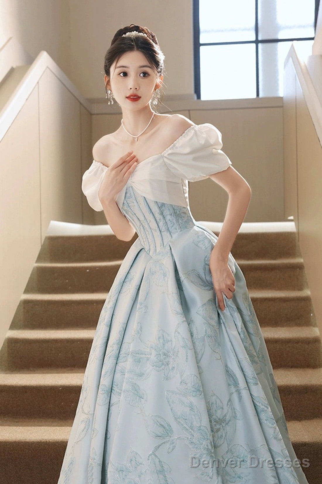 White And Blue Printed Floor Length Prom Dress, Lovely Short Sleeve Formal Evening Dress Secondary image