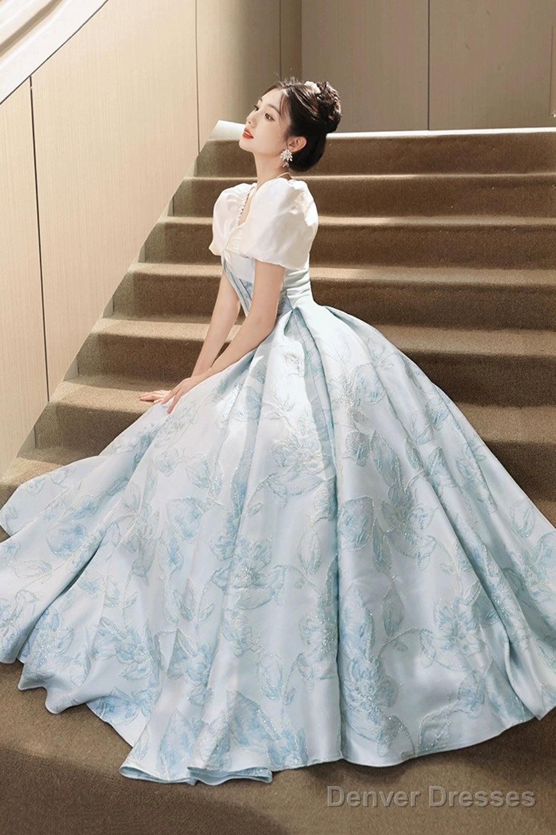 White And Blue Printed Floor Length Prom Dress, Lovely Short Sleeve Formal Evening Dress