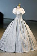 White And Gray Printed Long Ball Gown, Elegant Short Sleeve Formal Gown