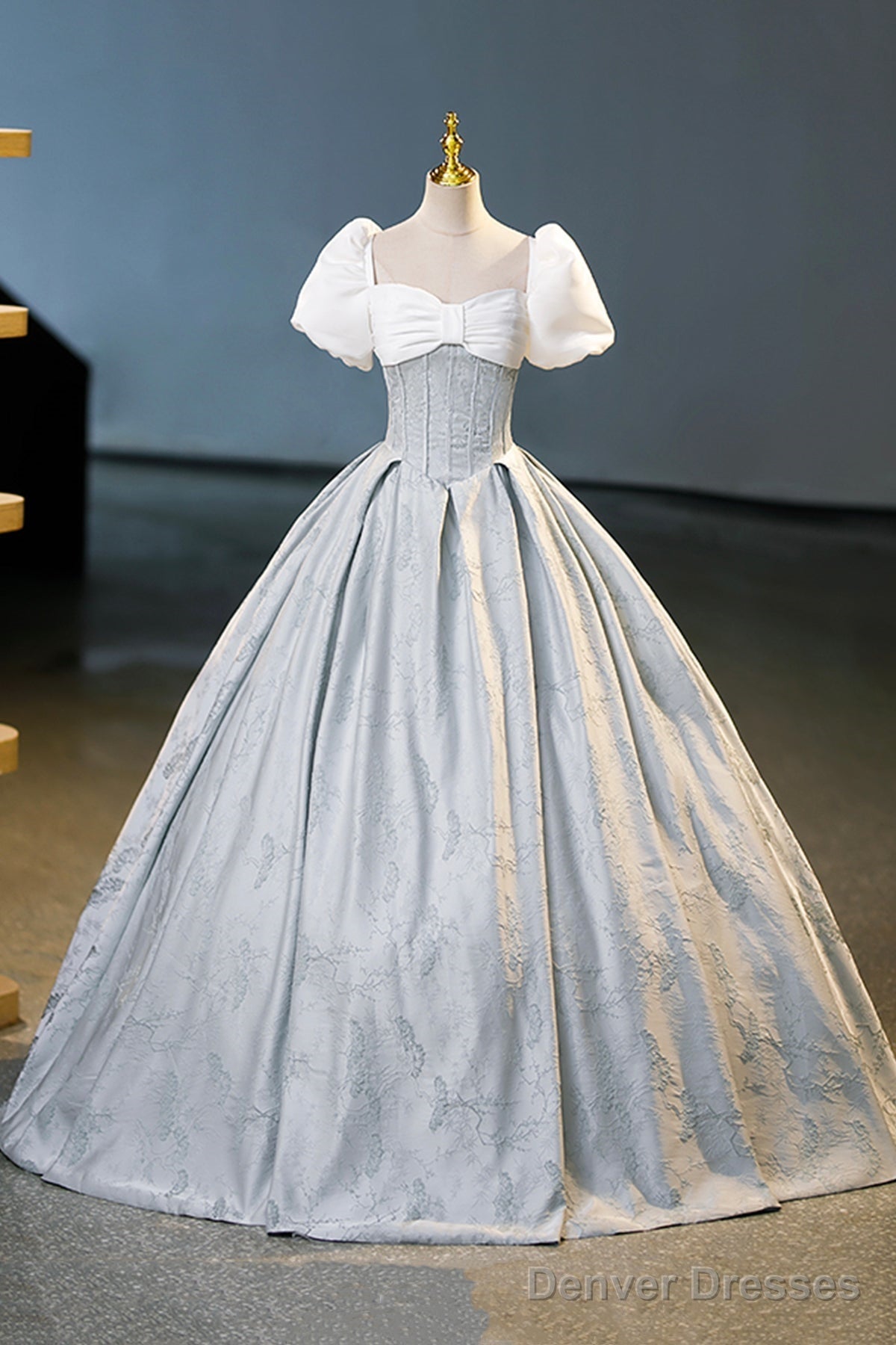 White And Gray Printed Long Ball Gown, Elegant Short Sleeve Formal Gown Main image