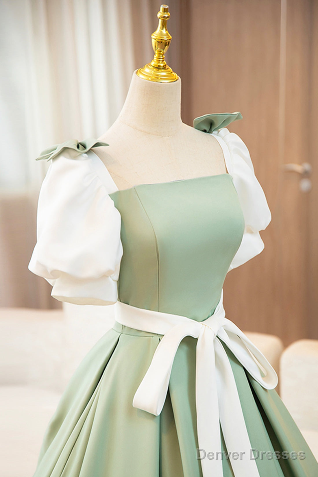 White and Green Long Prom Dress, Lovely A-Line Short Sleeve Evening Party Dress