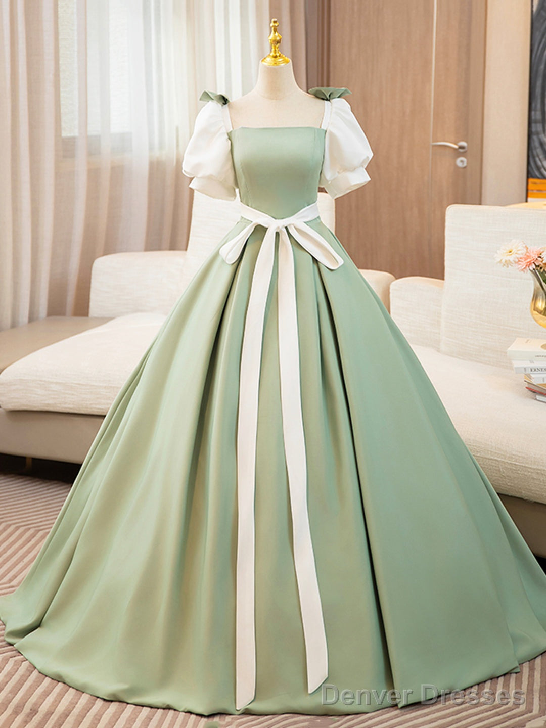 White And Green Satin Long Prom Dress, A-Line Short Sleeve Evening Party Dress Main image