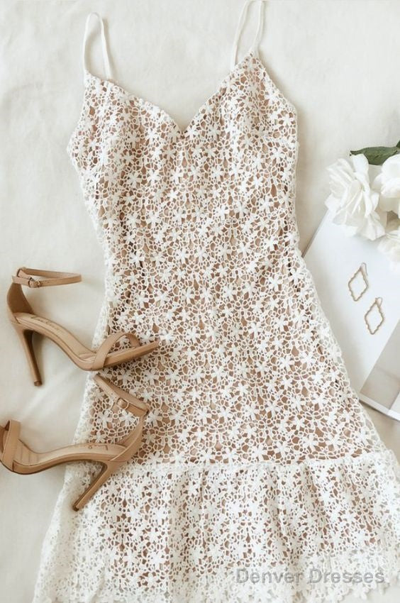 White And Nude Lace Ruffled Mini Dress Homecoming Dress Main image