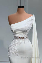 White Asymmetric One Shoulder Mermaid Stretch Satin Evening Prom Dress