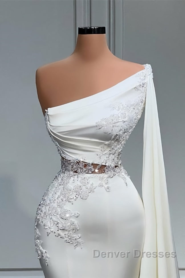 White Asymmetric One Shoulder Mermaid Stretch Satin Evening Prom Dress