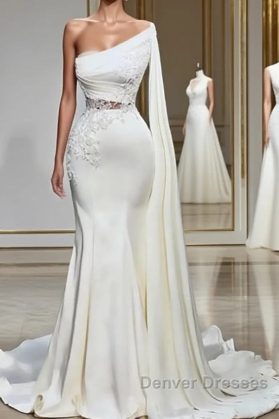 White Asymmetric One Shoulder Mermaid Stretch Satin Evening Prom Dress Main image
