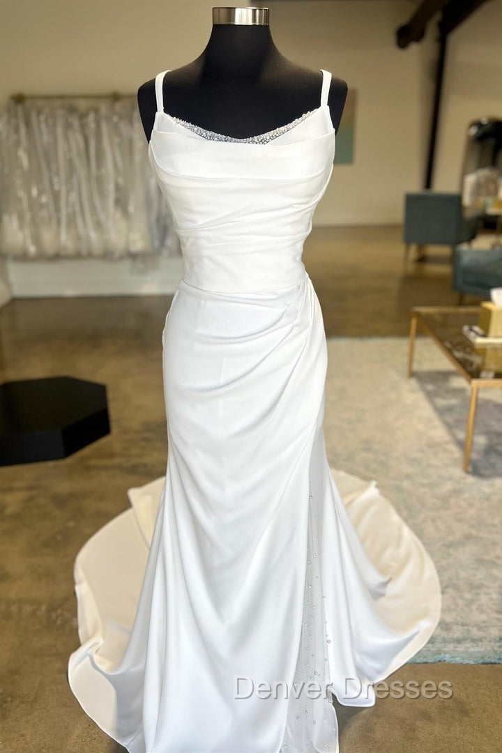 White Backless Ruched Wedding Dress With Detachable Sleeves Open Back Secondary image