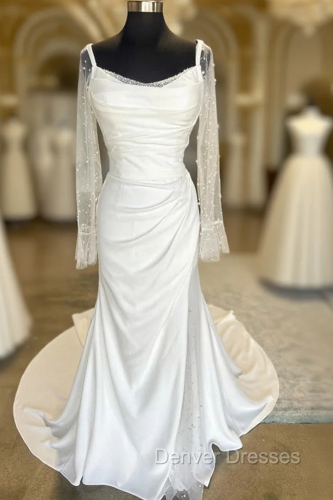 White Backless Ruched Wedding Dress With Detachable Sleeves Open Back Main image