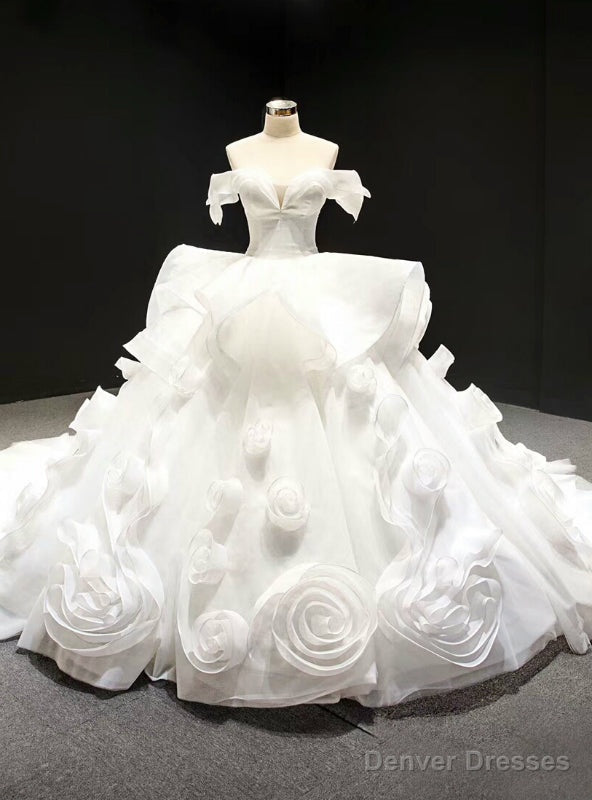 White Ball Gown Off the Shoulder Organza Luxury Wedding Dress Main image