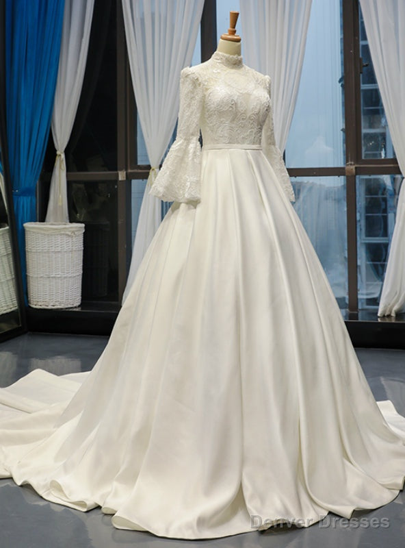 White Ball Gown Satin High Neck Puff Sleeve Wedding Dress With Beading Main image