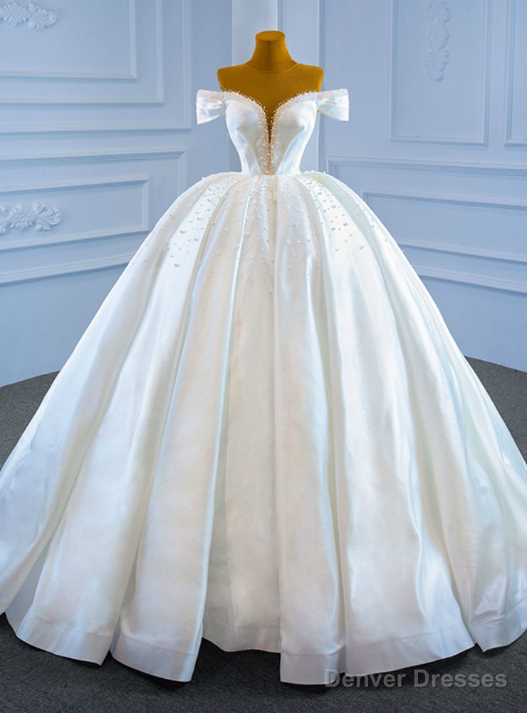 White Ball Gown Satin Pleats Pearls Wedding Dress Main image
