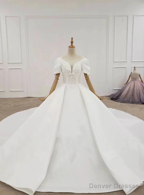 White Ball Gown Satin Puff Sleeve Wedding Dress With Long Train Main image