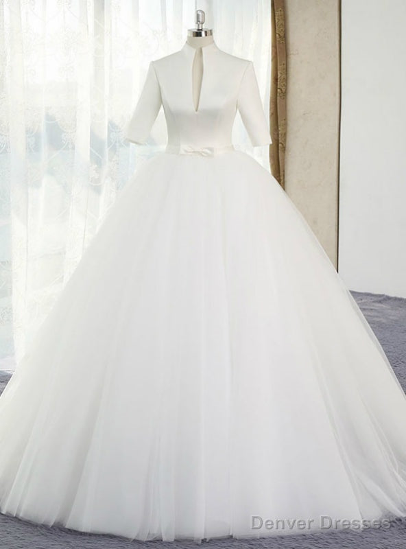 White Ball Gown Satin Tulle High Neck Short Sleeve Wedding Dress With Bow Main image