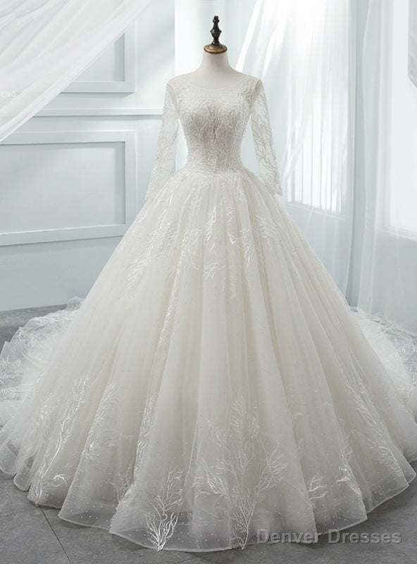 White Ball Gown Scoop Long Sleeve Tulle Wedding Dress With Beading Main image