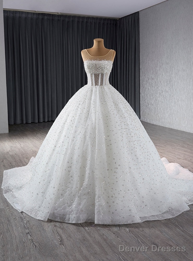 White Ball Gown See Though Neck Tulle Sequins Pearls Wedding Dress Main image