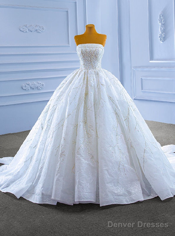 White Ball Gown Sequins Tulle Strapless Beading Wedding Dress Main image