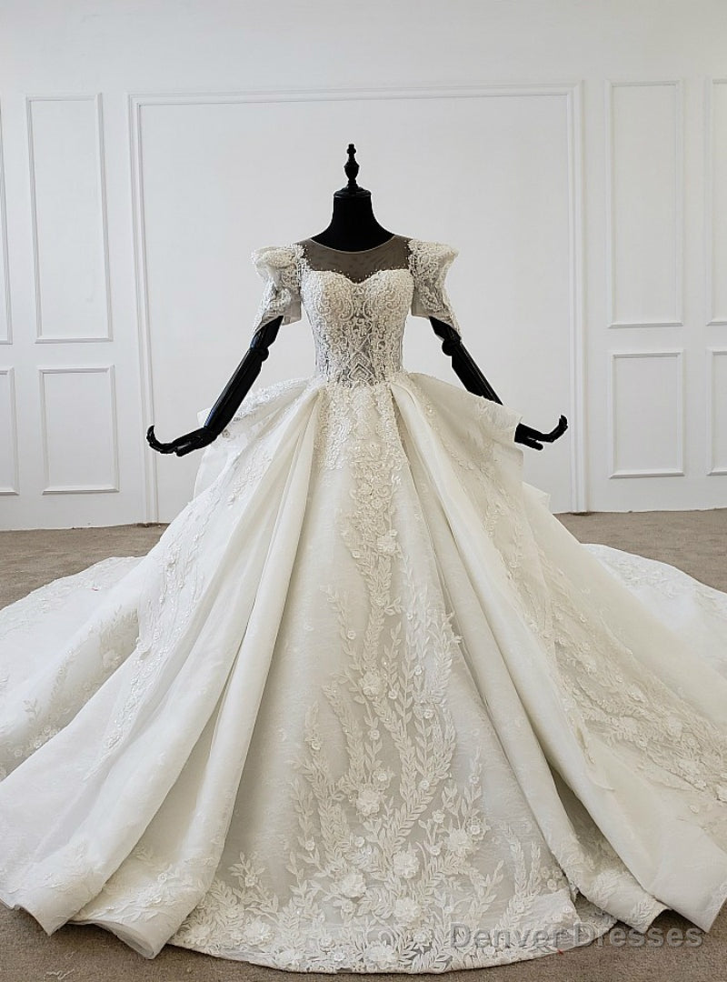 White Ball Gown Tulle 3D Flower Short Sleeve Beading Wedding Dress Main image