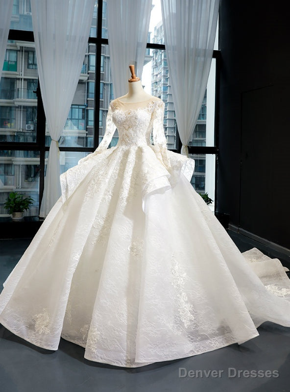 White Ball Gown Tulle Appliques Long Sleeve Backless Wedding Dress Main image