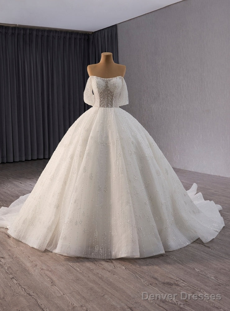 White Ball Gown Tulle Beading Off the Shoulder Wedding Dress Main image