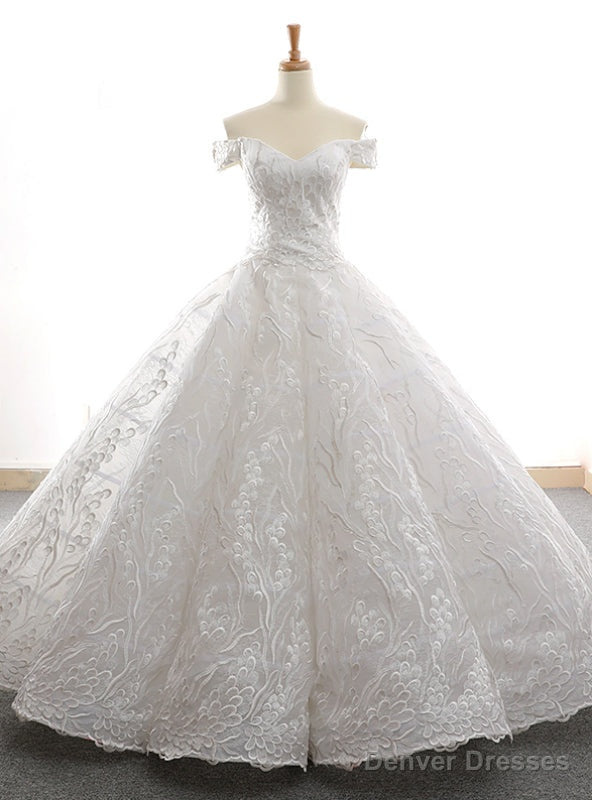 White Ball Gown Tulle Lace Appliques Off the Shoulder Prom Dress