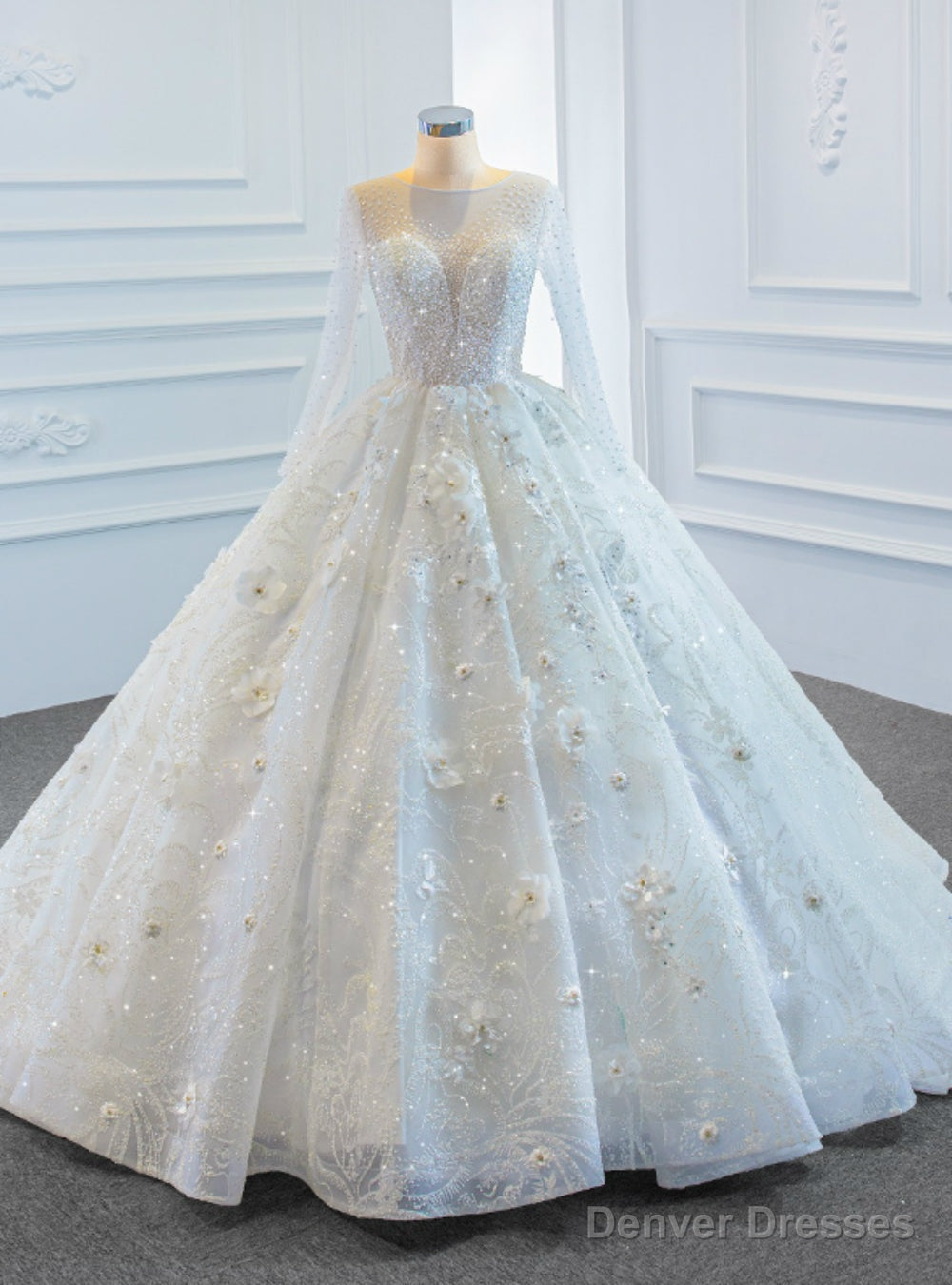 White Ball Gown Tulle Long Sleeve Beading Sequins 3D Flower Wedding Dress Main image
