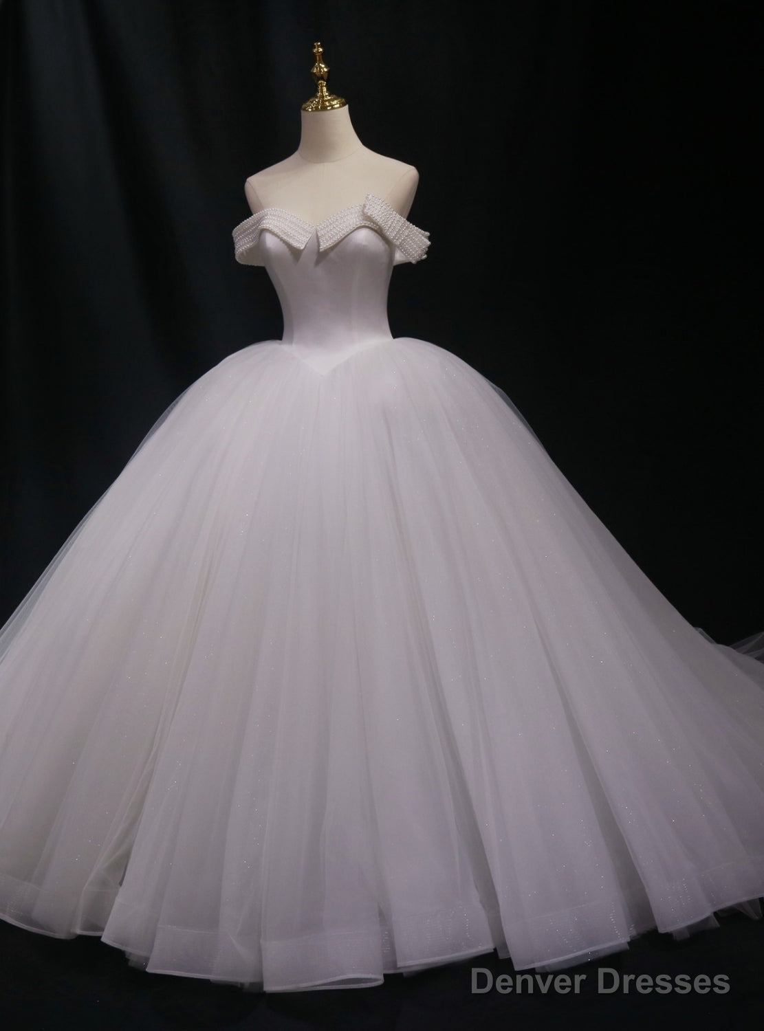 White Ball Gown Tulle Off the Shoulder Pearls Wedding Dress Main image