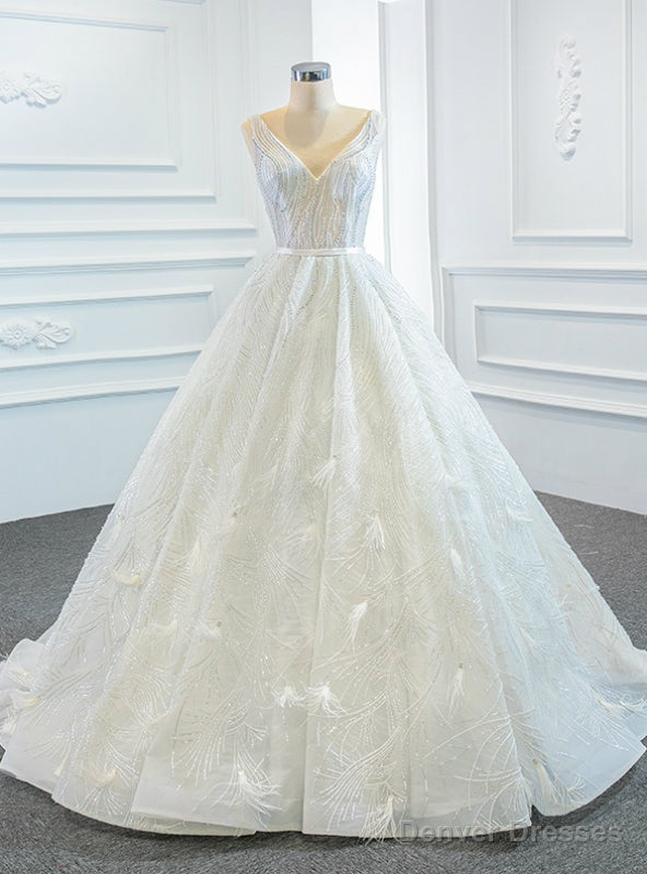 White Ball Gown Tulle Sequins Feather Sleeveless Wedding Dress Main image
