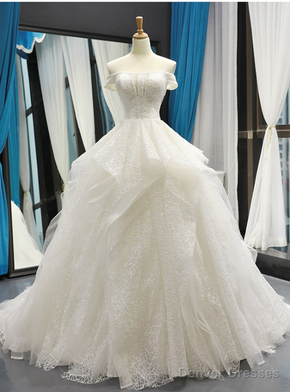White Ball Gown Tulle Sequins Off the Shoulder Luxury Wedding Dress With Beading Main image