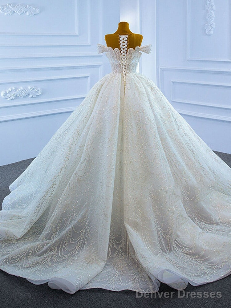 White Ball Gown Tulle Sequins Scoop Pearls Wedding Dress Party Prom Dresses